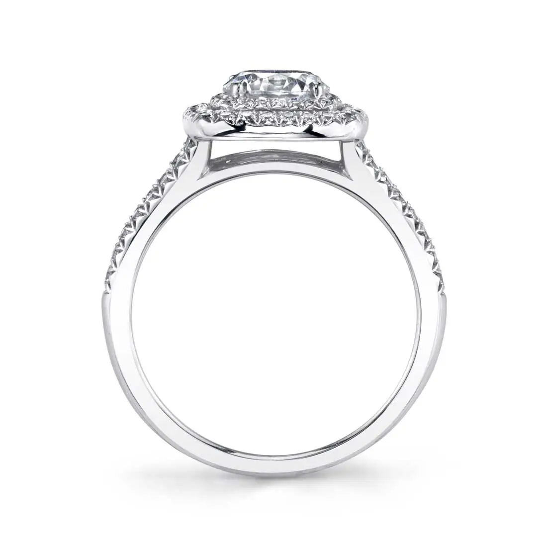 White Gold Round Cut Double Cushion Halo Split Shank Engagement Ring - Macey - Profile View