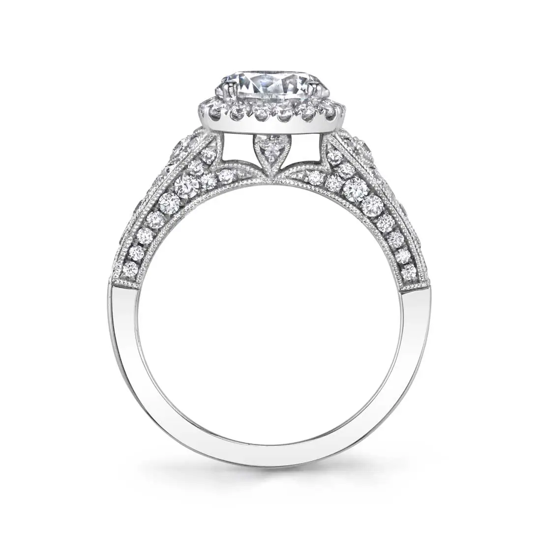 White Gold Cushion Cut Modern Vintage Halo Engagement Ring - Cheri - Profile View