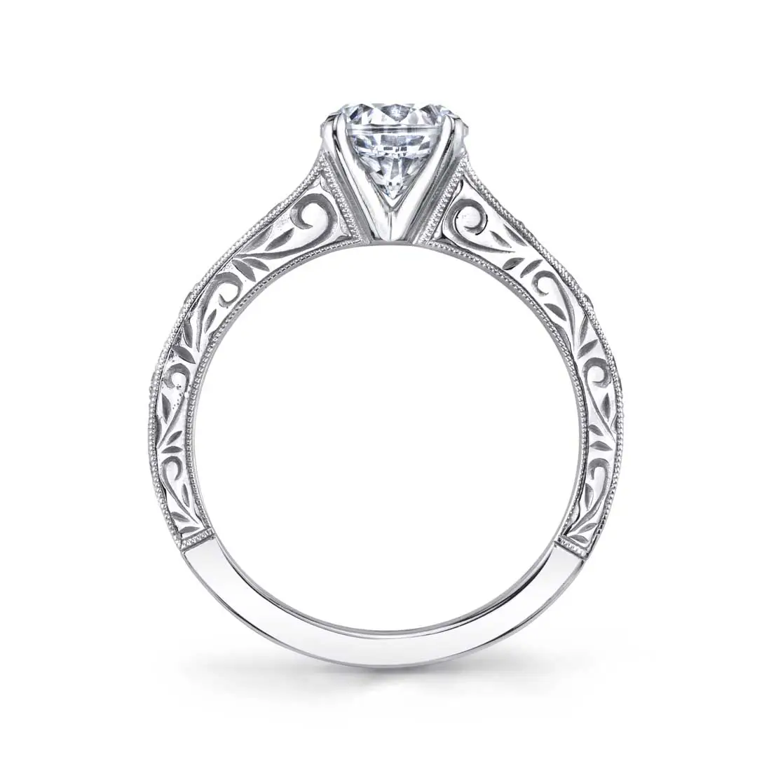 White Gold Round Cut Modern Vintage Engagement Ring - Justeen - Profile View