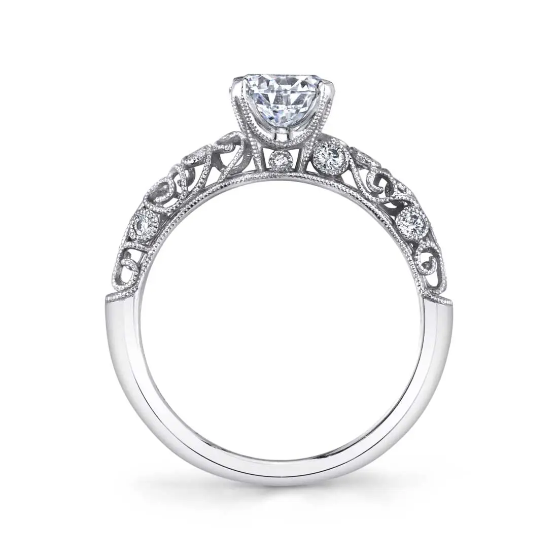 White Gold Round Cut Modern Vintage Solitaire Engagement Ring - Jacqueline - Profile View