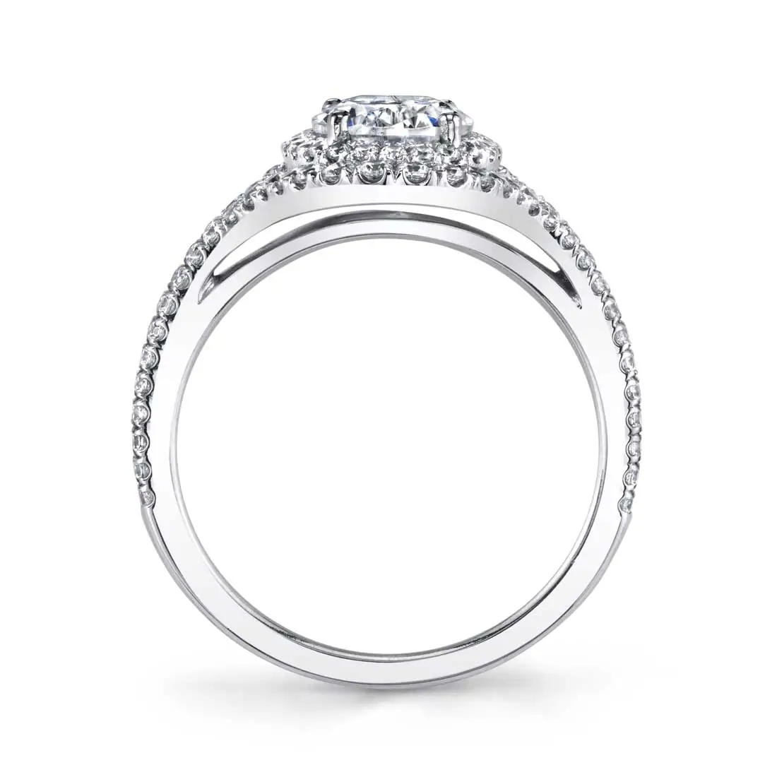 White Gold Round Cut Double Halo Engagement Ring with Split Shank - Nadine - Profile View