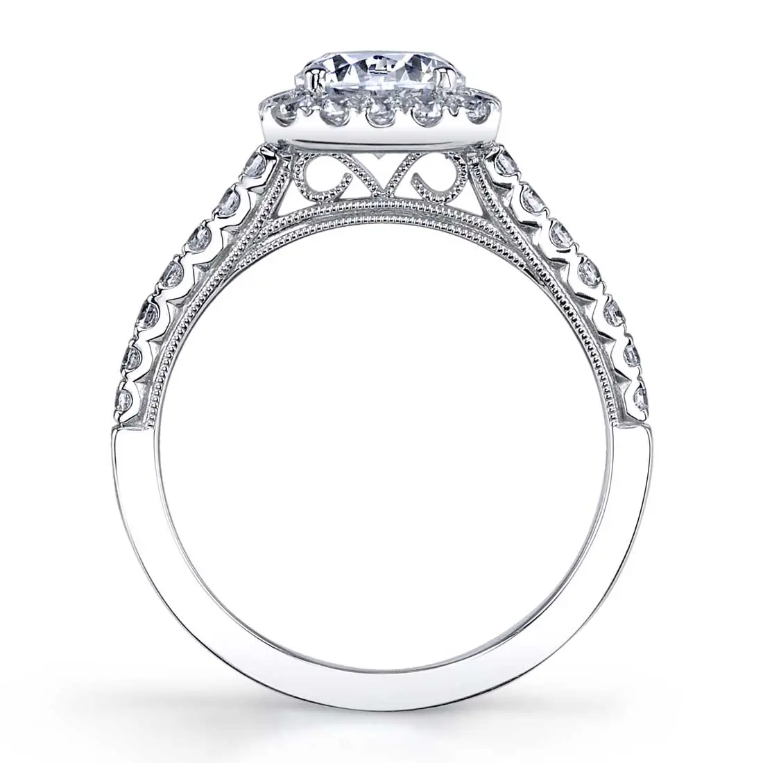 White Gold Round Cut Cushion Halo Engagement Ring - Diandra - Profile View