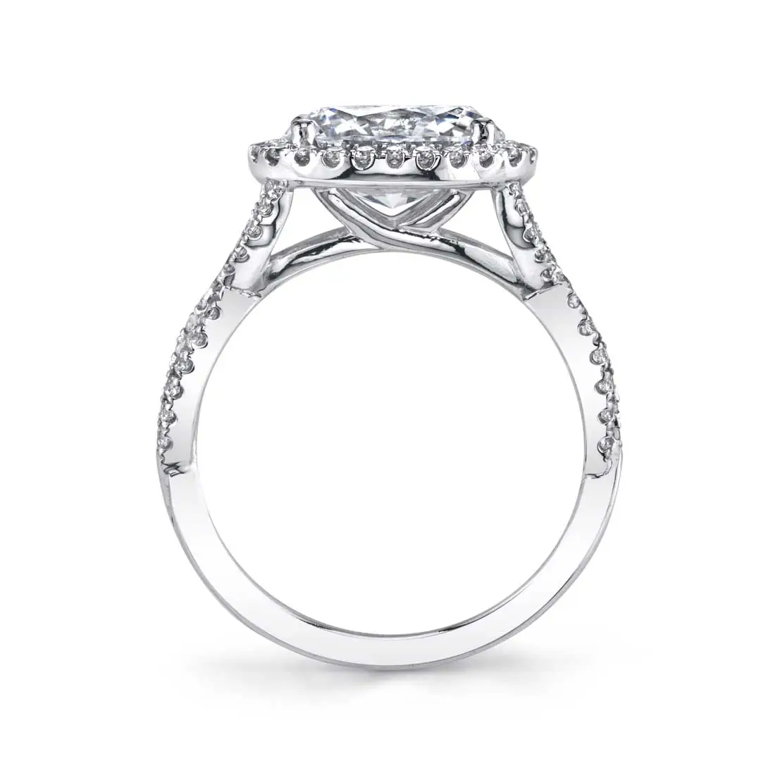 White Gold Oval Cut Spiral Engagement Ring with Halo - Scarlett - Profile View