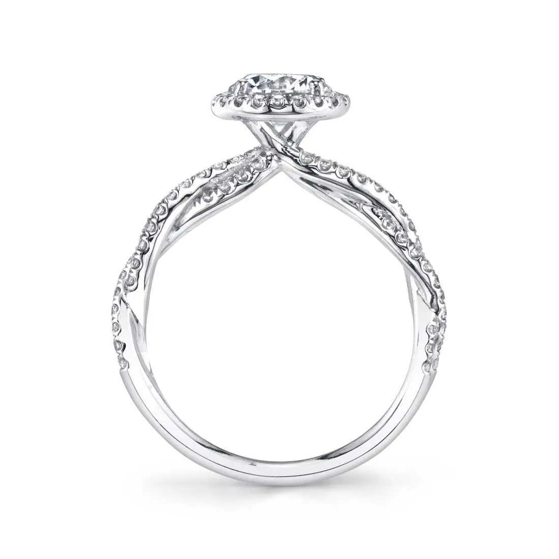 White Gold Round Cut Cushion Halo Spiral Engagement Ring - Ava - Profile View