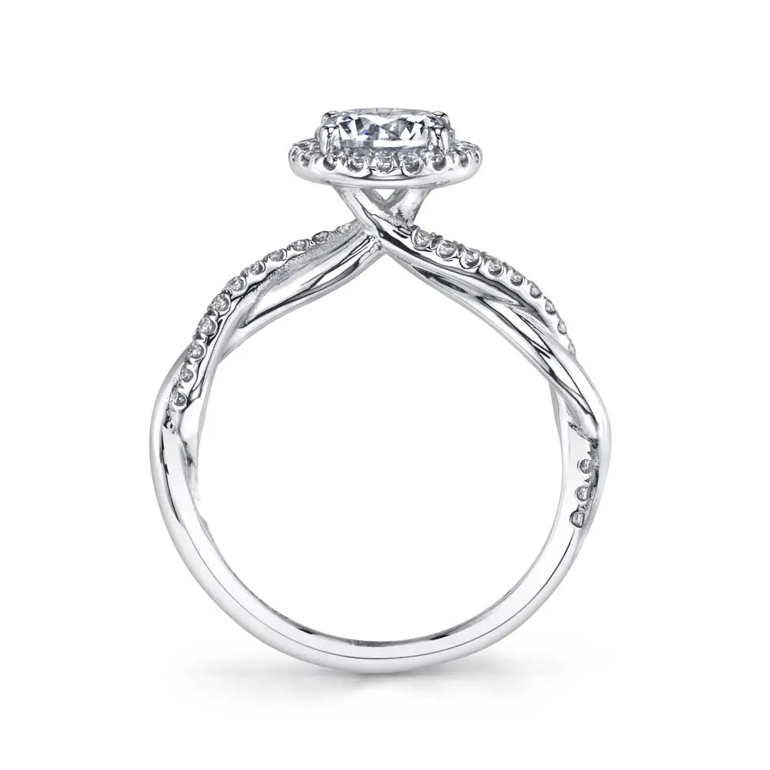 White Gold Oval Cut Modern Halo Diamond Spiral Engagement Ring - Coralie - Profile View