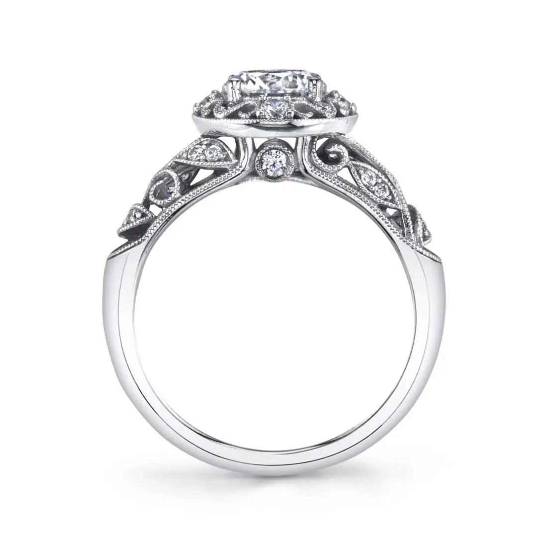 White Gold Round Cut Vintage Engagement Ring - Naelle - Profile View