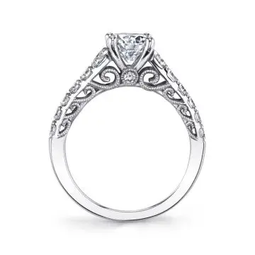 White Gold Round Cut Vintage Inspired Classic Engagement Ring - Lolita