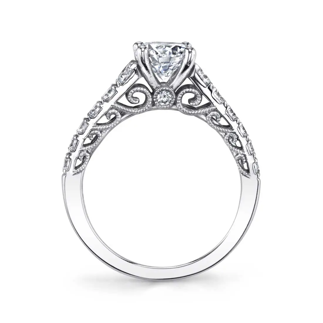 White Gold Round Cut Vintage Inspired Classic Engagement Ring - Lolita - Profile View