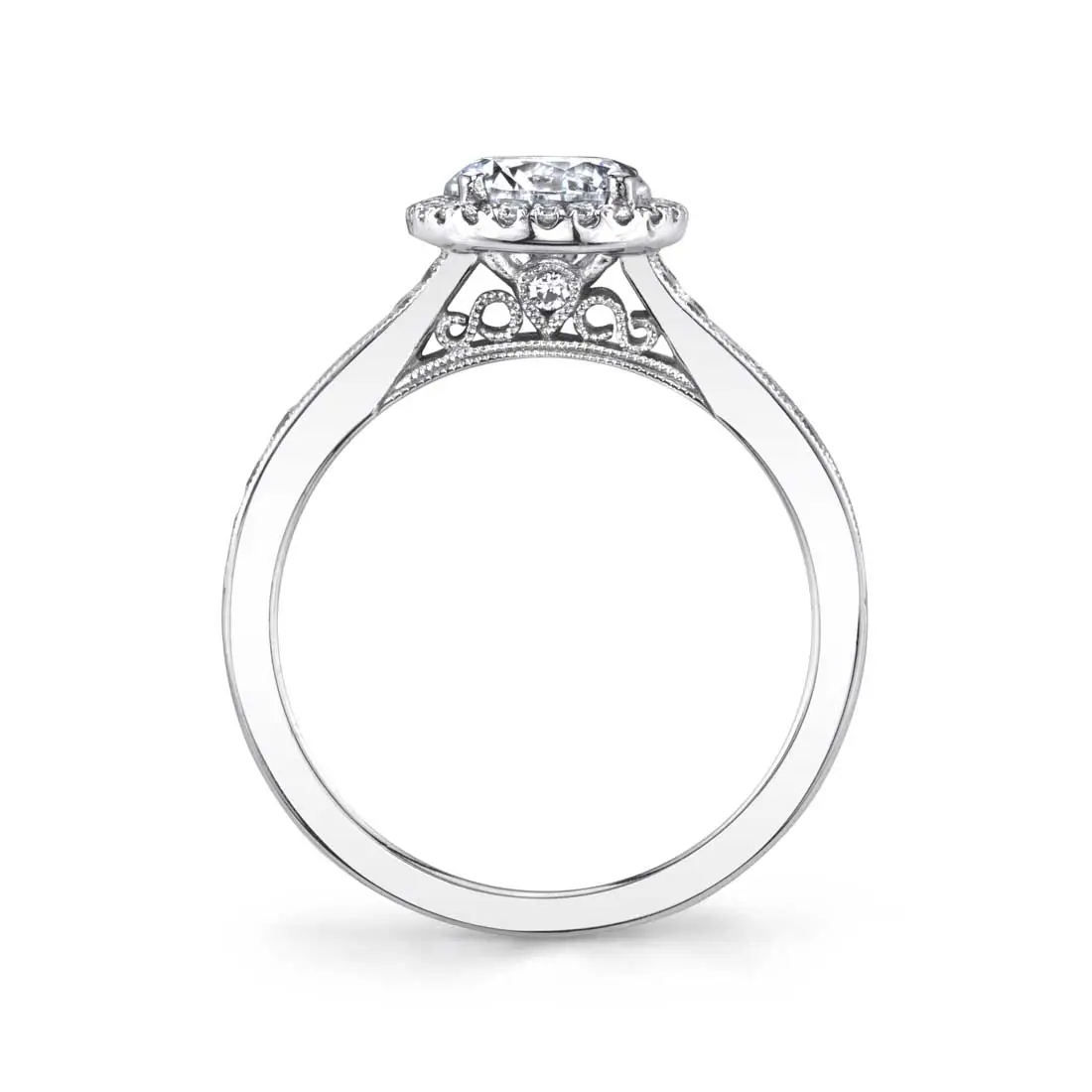 White Gold Round Cut Vintage Halo Engagement Ring - Quinn - Profile View
