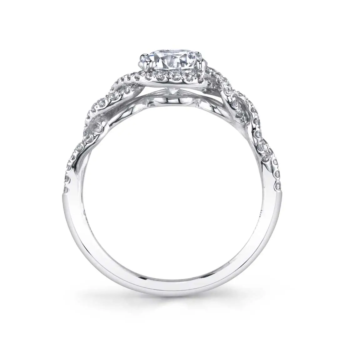 White Gold Round Cut Spiral Engagement Ring with Halo - Freya - Profile View