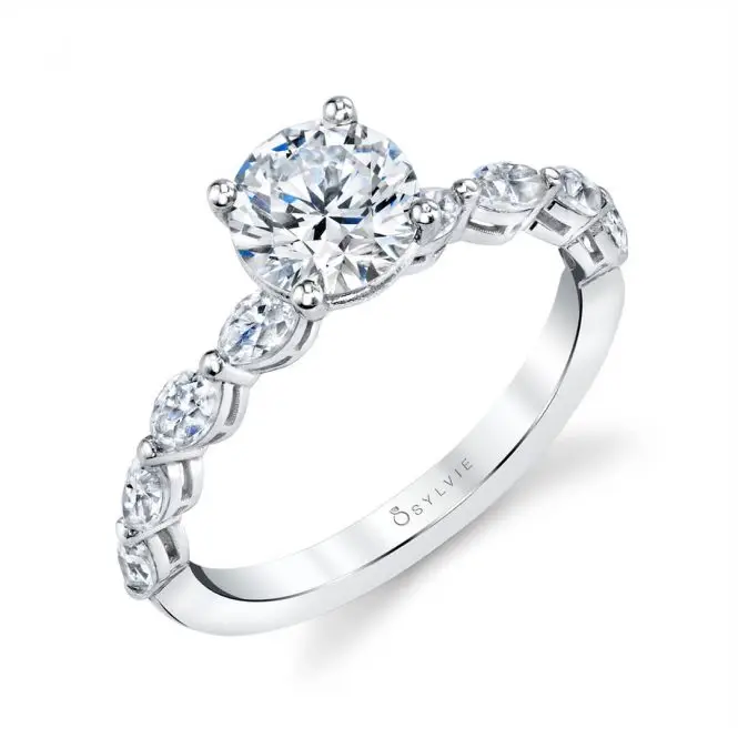 Round Cut White Gold Classic Engagement Ring With Marquise Side Stones - Solange