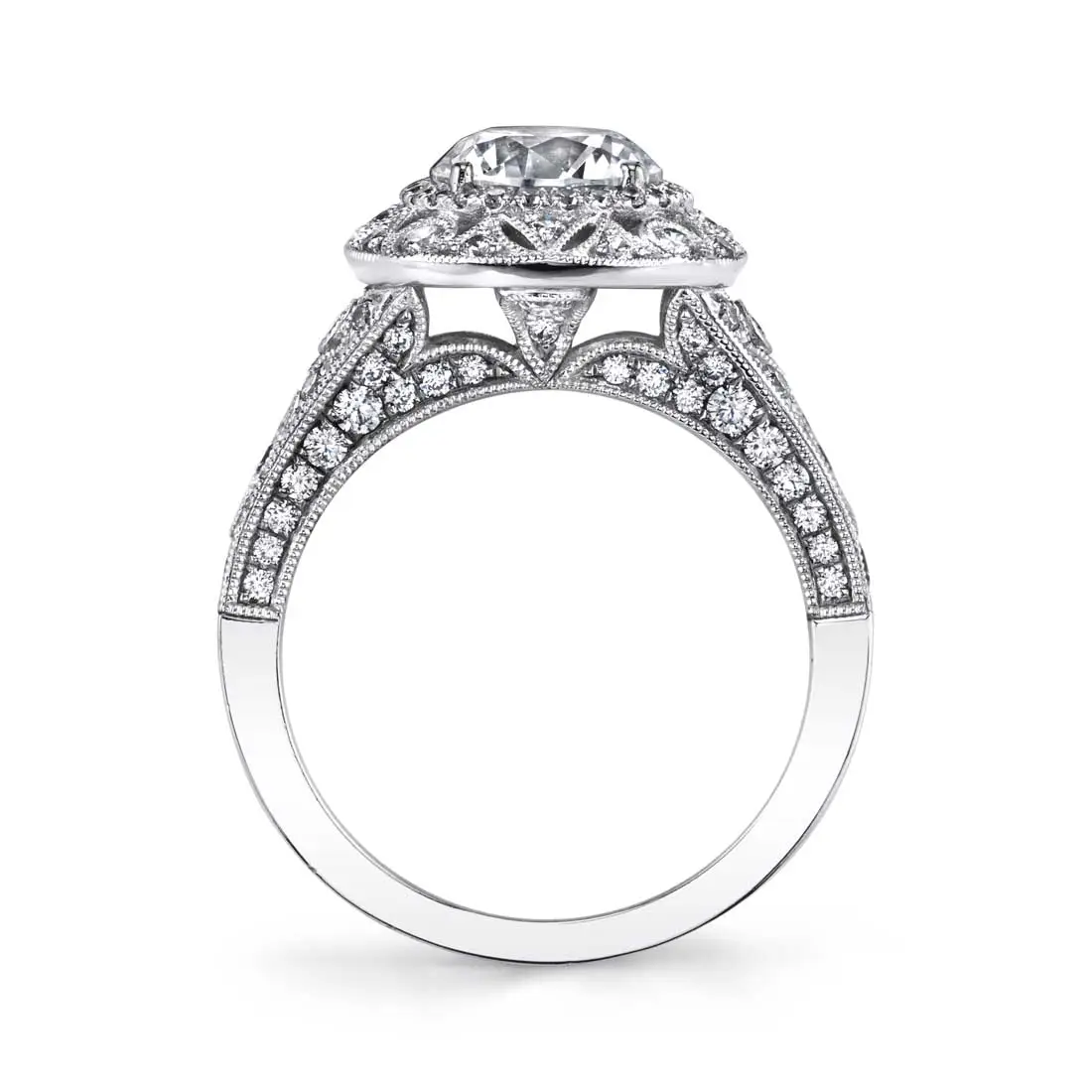 White Gold Round Cut Vintage Double Halo Engagement Ring - Thea - Profile View