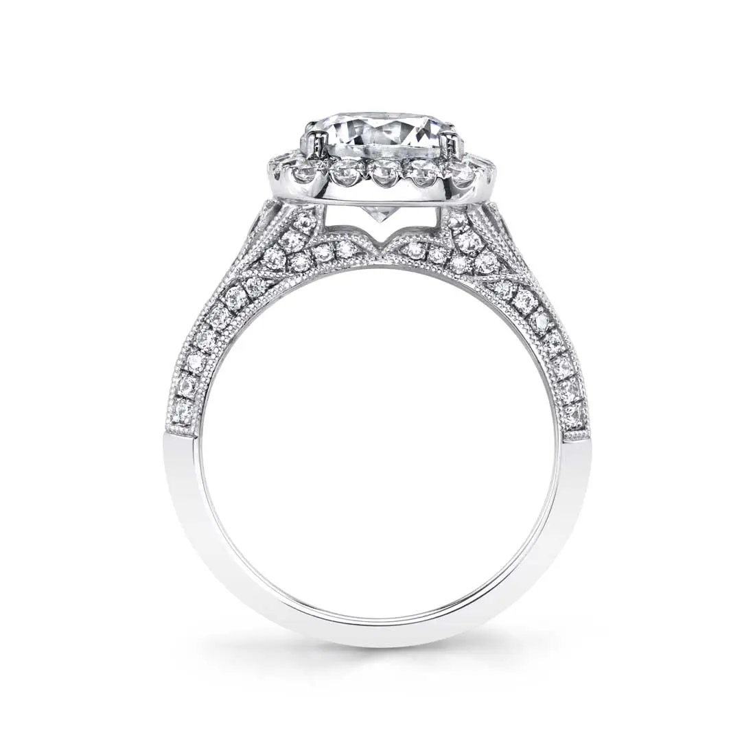 White Gold Round Cut Unique Halo Engagement Ring - Naomi - Profile View