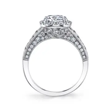 White Gold Round Cut Vintage Inspired Engagement Ring with Cushion Halo - Elodie