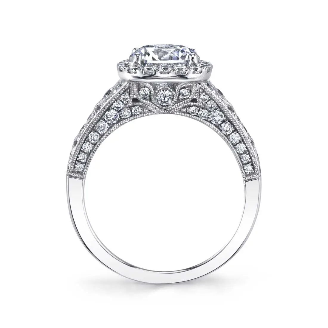 Round Cut Vintage Inspired Engagement Ring with Cushion Halo - Elodie