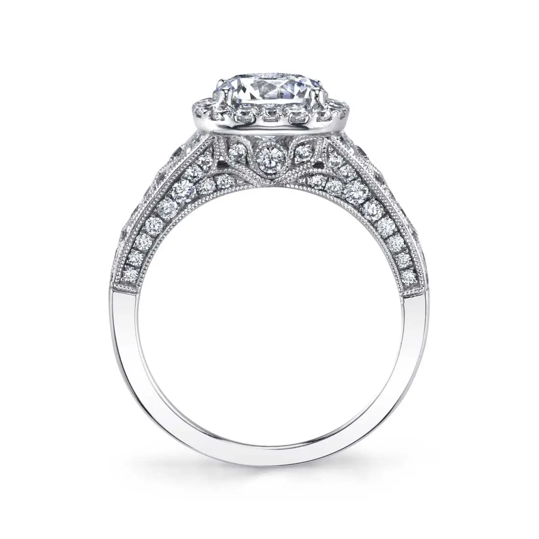 White Gold Round Cut Vintage Inspired Engagement Ring with Cushion Halo - Elodie - Profile View