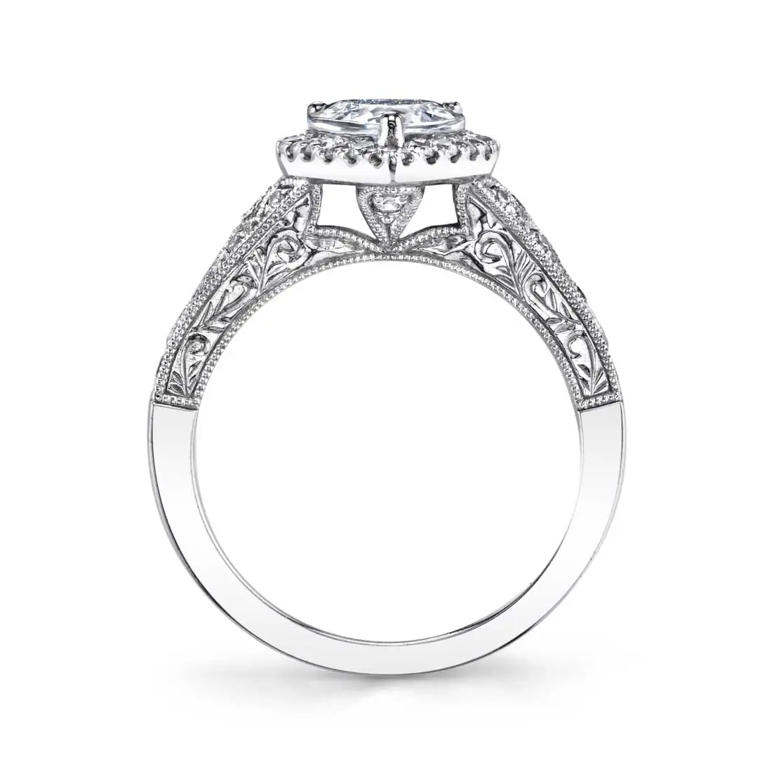 White Gold Pear Shaped Vintage Halo Engagement Ring - Seraphina - Profile View