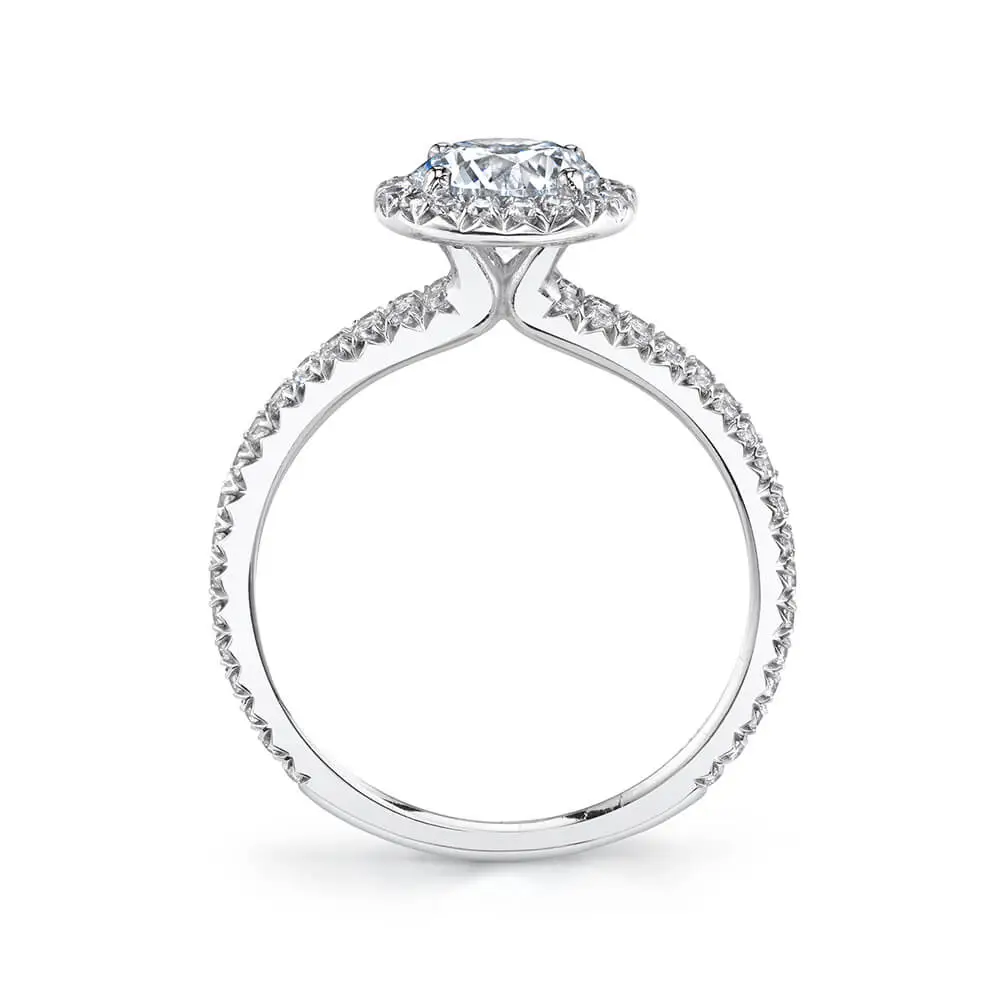 side view image of halo engagement ring with split shank