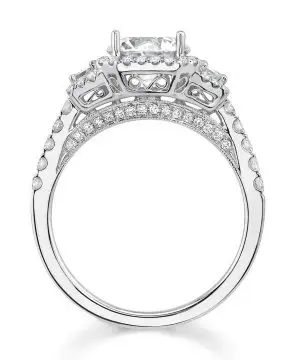 White Gold Round Cut Three Stone Engagement Ring with Baguette Diamonds - Paris