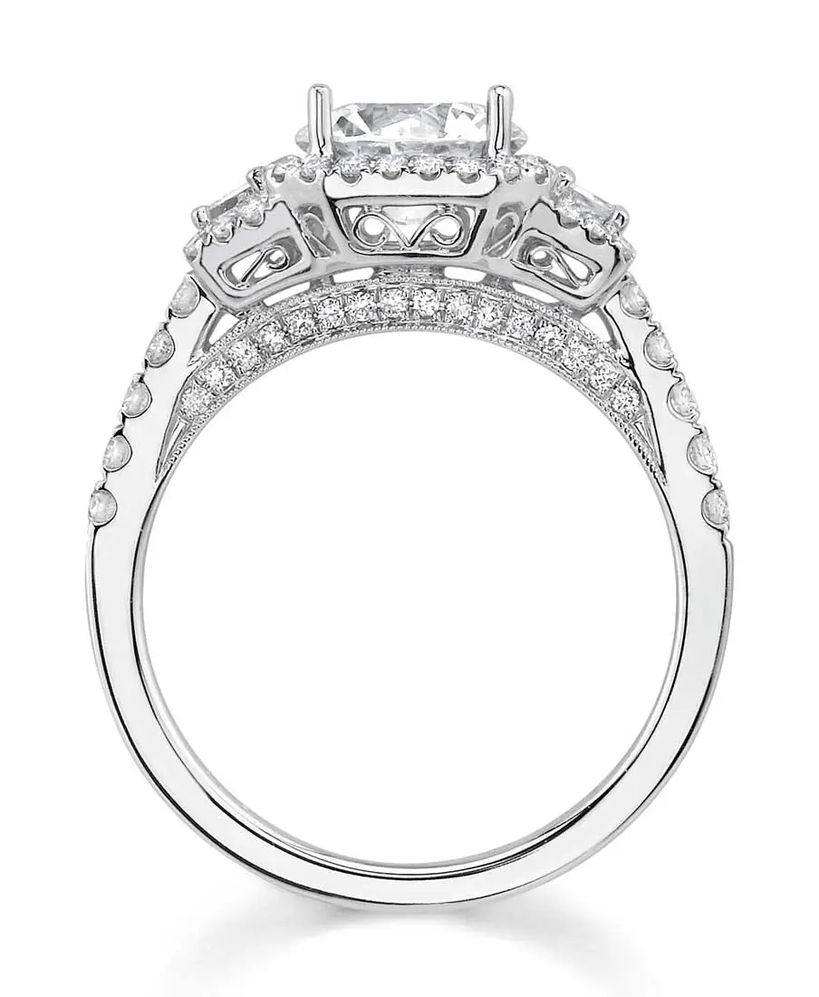 3 Stone Halo Engagement Ring