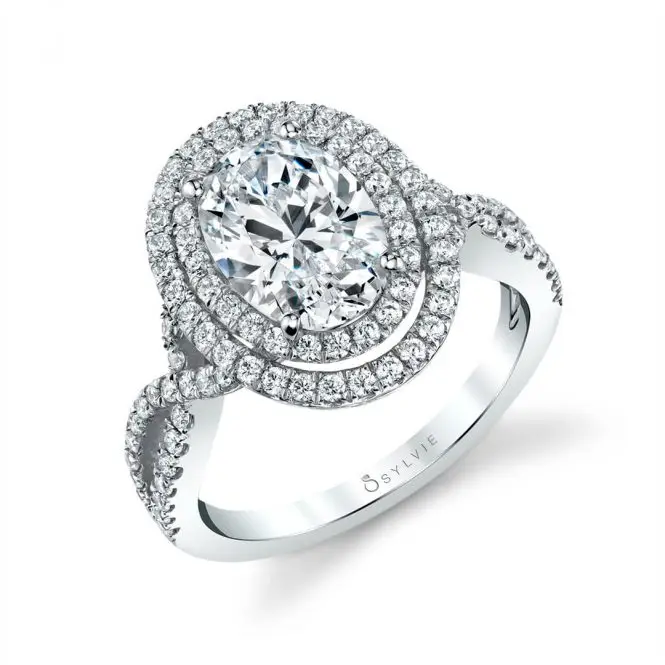 White Gold Oval Cut Double Halo Split Shank Engagement Ring