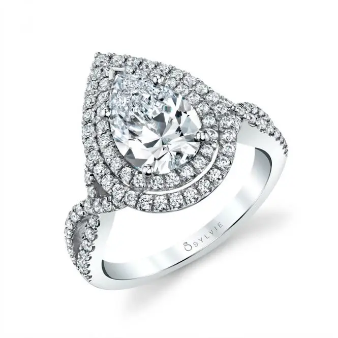 White Gold Pear Shape Unique Double Halo Engagement Ring
