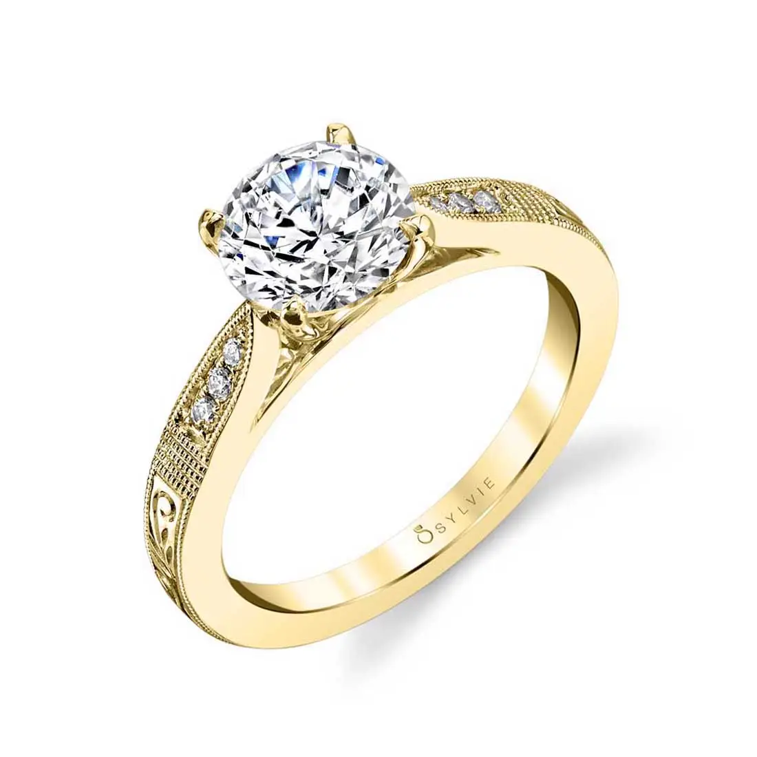 White Gold Round Cut Modern Vintage Engagement Ring - Holly