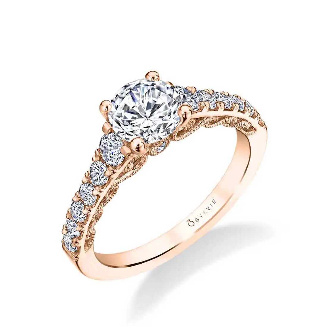 White Gold Round Cut Vintage Inspired Classic Engagement Ring - Lolita - Profile View