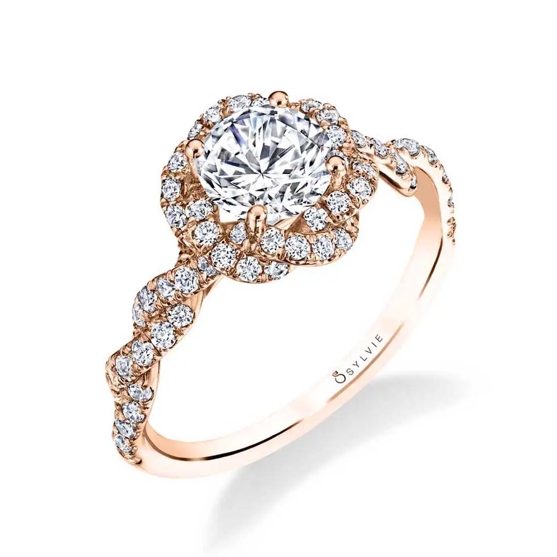 White Gold Round Cut Spiral Engagement Ring with Halo - Anaelle