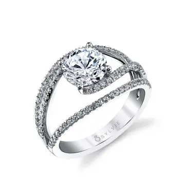 White Gold Round Cut Unique Split Shank Engagement Ring - Celia