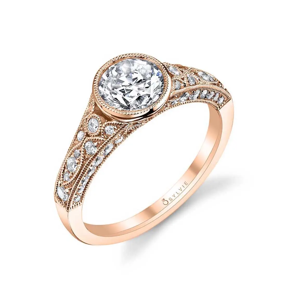 White Gold Round Cut Modern Vintage Bezel Engagement Ring - Barbara - Profile View