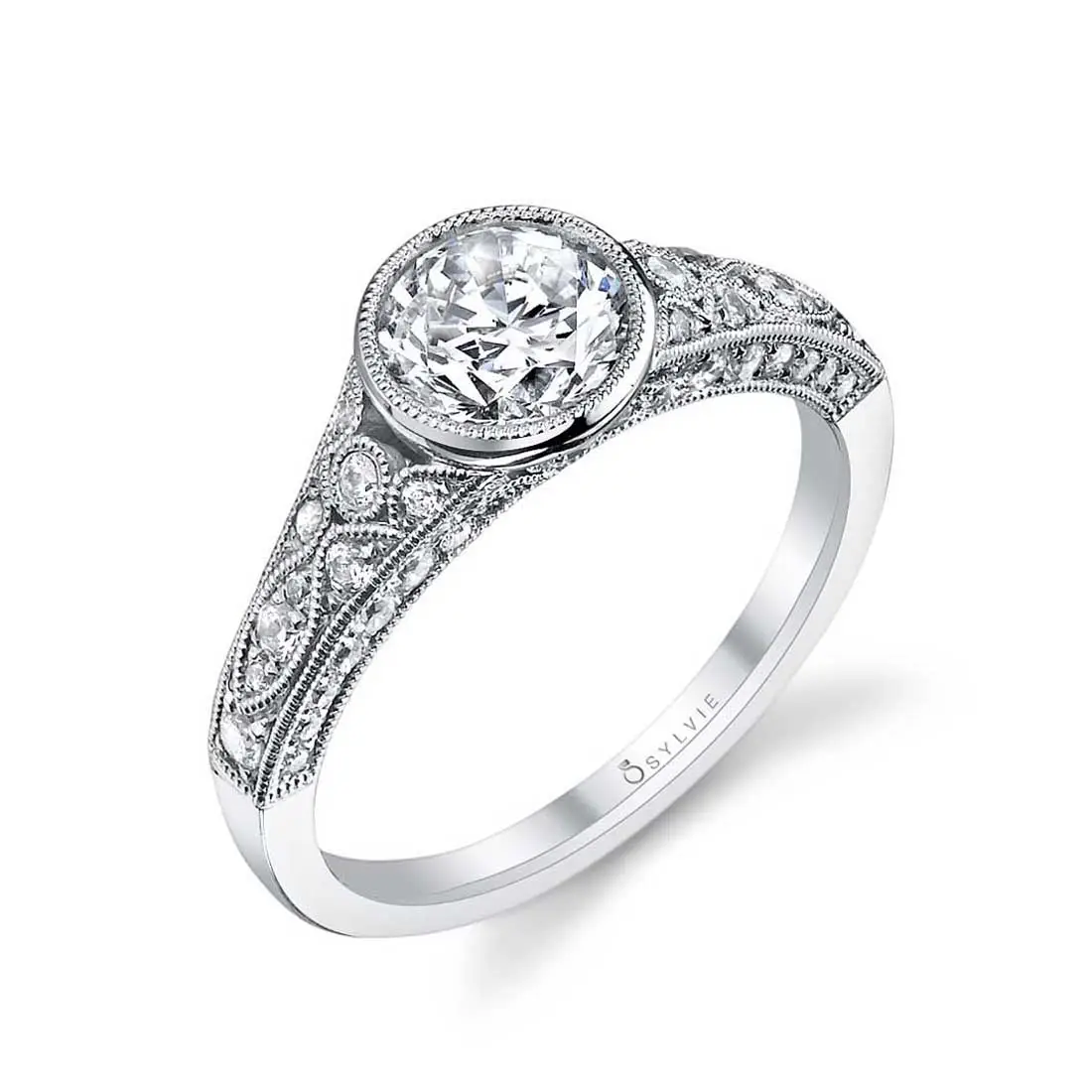 White Gold Round Cut Modern Vintage Bezel Engagement Ring - Barbara