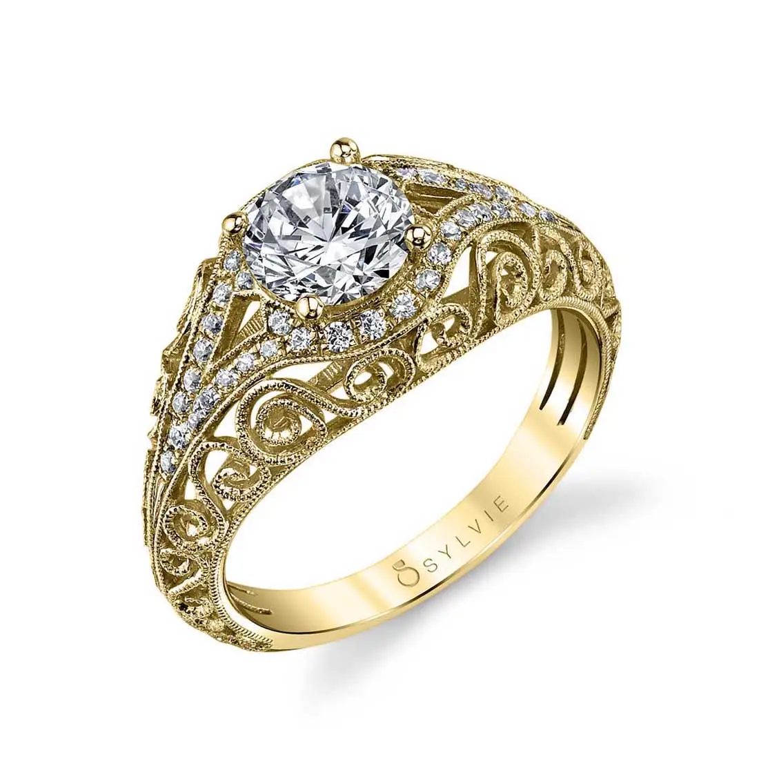 White Gold Round Cut Modern Vintage Engagement Ring - Alyssandra - Profile View