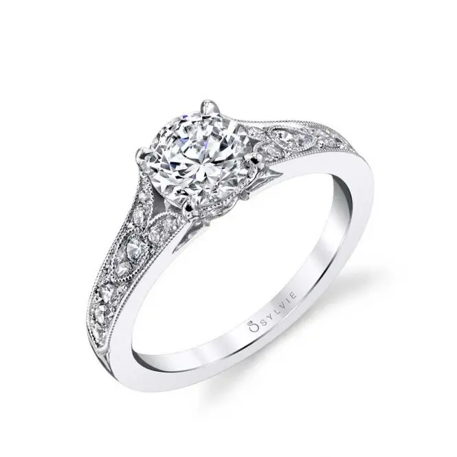 White Gold Round Cut Vintage Inspired Engagement Ring