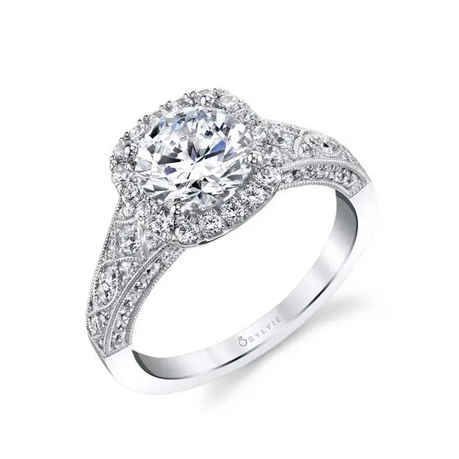 Round Cut Vintage Inspired Engagement Ring with Cushion Halo - Elodie