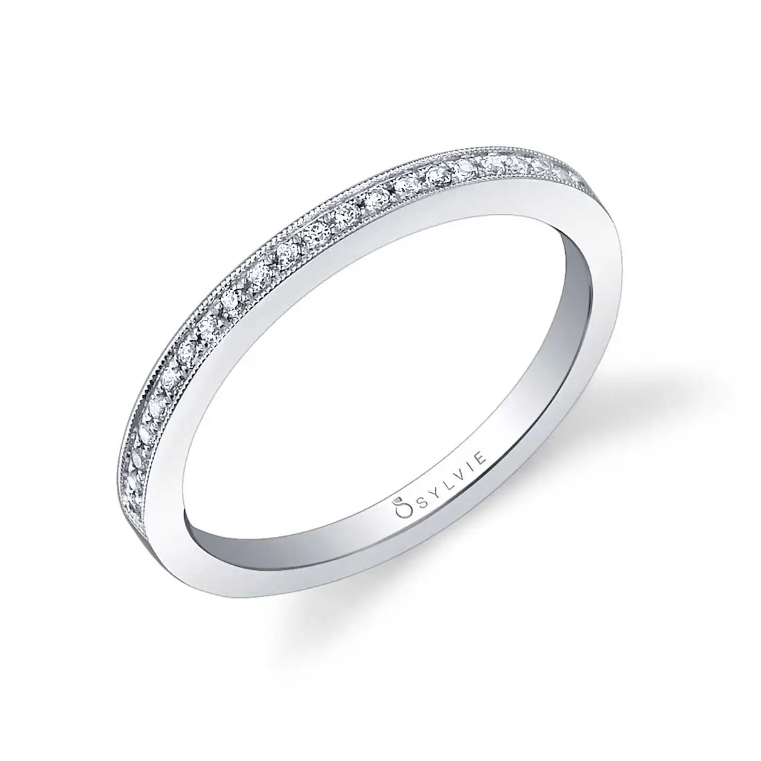 White Gold Diamond Wedding Band with Milgrain Accents