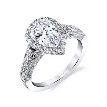 White Gold Pear Shaped Vintage Halo Engagement Ring - Seraphina