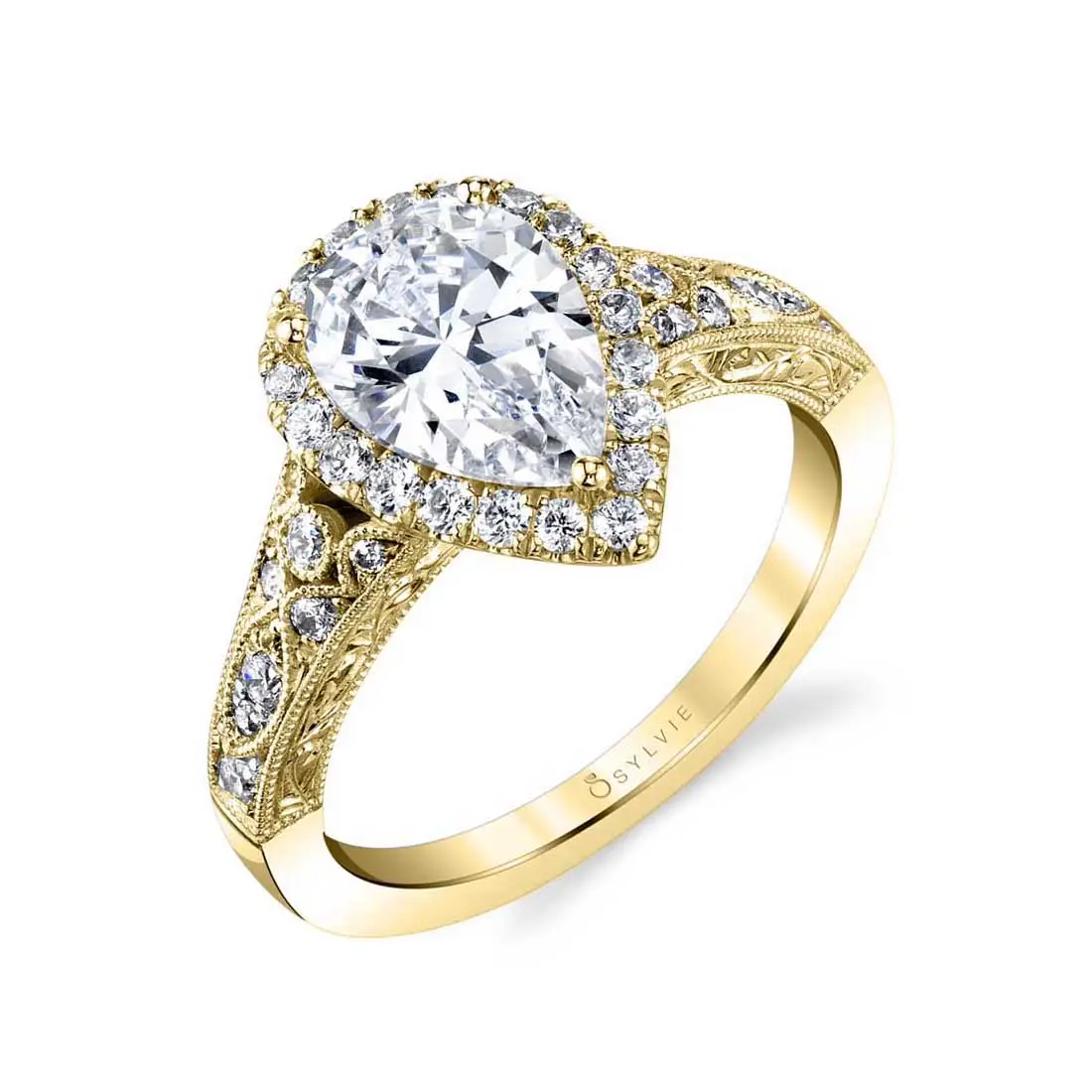 White Gold Pear Shaped Vintage Halo Engagement Ring - Seraphina - Profile View