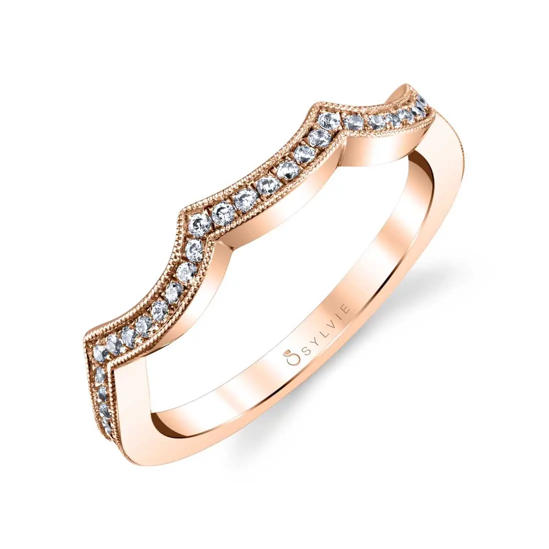 White Gold Round Cut Curved Wedding Band -Zara