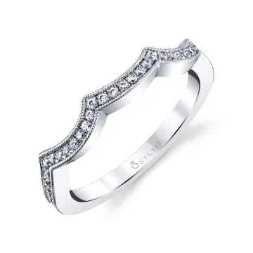 White Gold Round Cut Curved Wedding Band -Zara