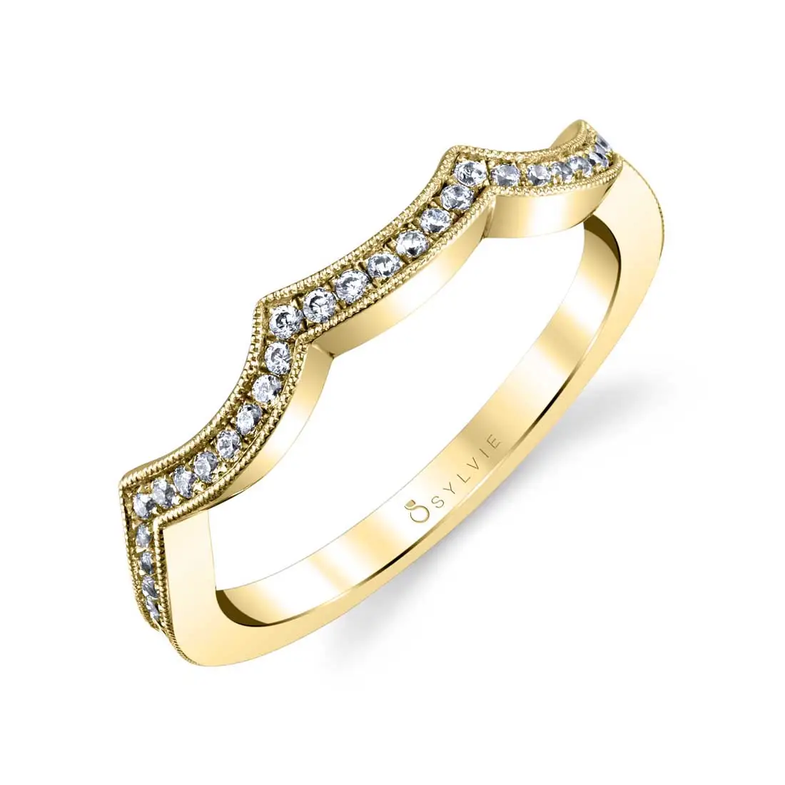 White Gold Round Cut Curved Wedding Band -Zara