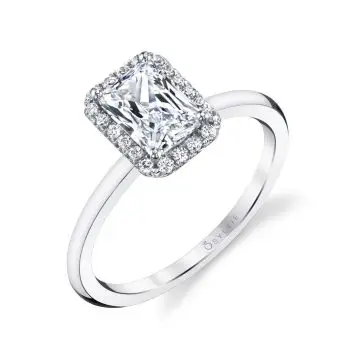 White Gold Emerald Cut Solitaire Halo Engagement Ring - Elsie