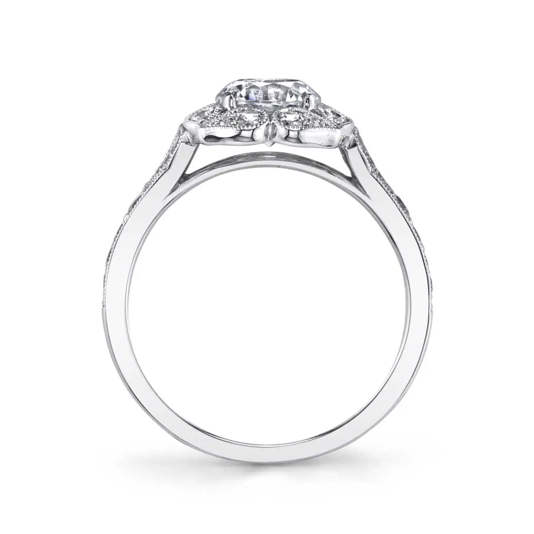 White Gold Round Cut Modern Vintage Floral Engagement Ring - Fleurette - Profile View