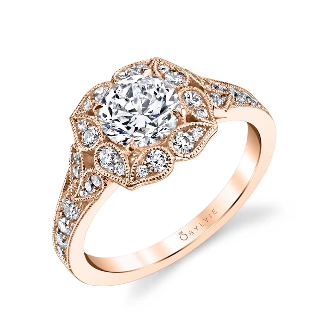 White Gold Round Cut Modern Vintage Floral Engagement Ring - Fleurette - Profile View