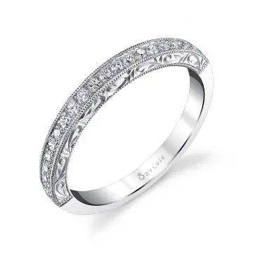 White Gold Modern Vintage Wedding Band - Envie