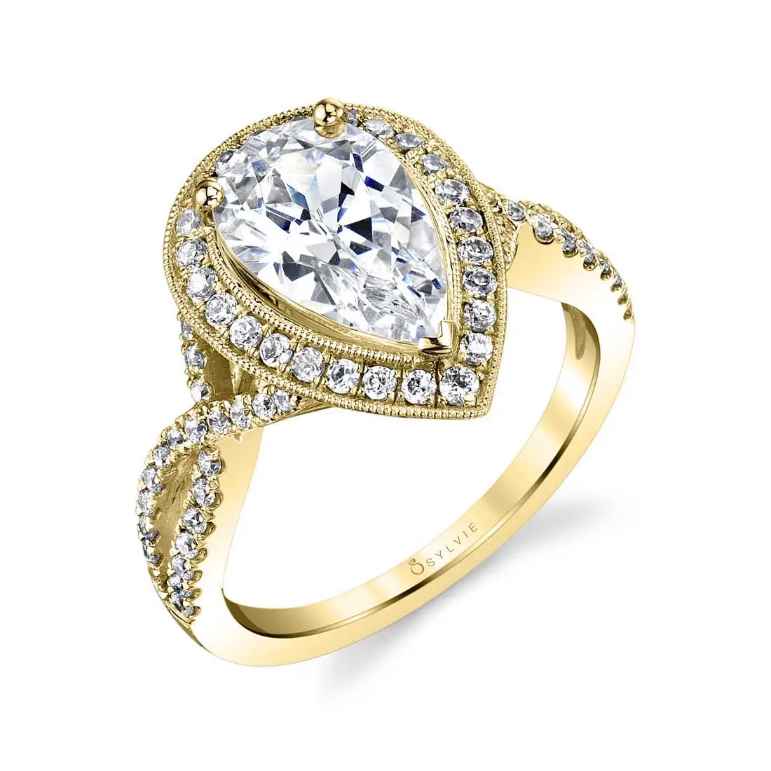 White Gold Pear Shaped Engagement Ring with Halo - Alyssa - Profile View