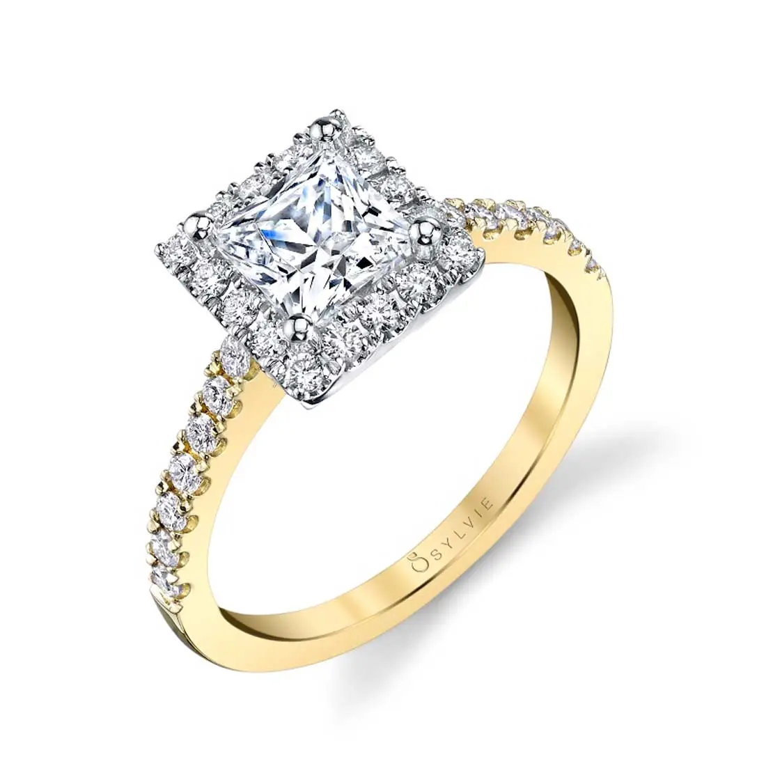 White Gold Princess Cut Classic Two Tone Halo Engagement Ring - Chantelle