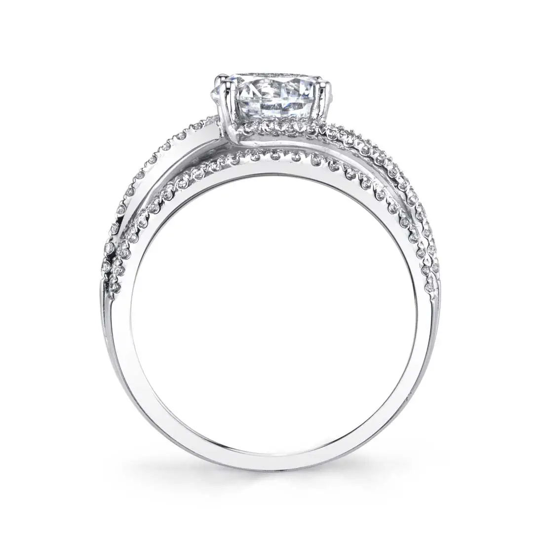 White Gold Round Cut Unique Split Shank Engagement Ring - Celia - Profile View