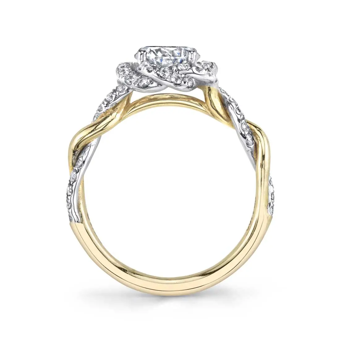 White Gold Round Cut Spiral Halo Two Tone Engagement Ring - Gabrielle - Profile View