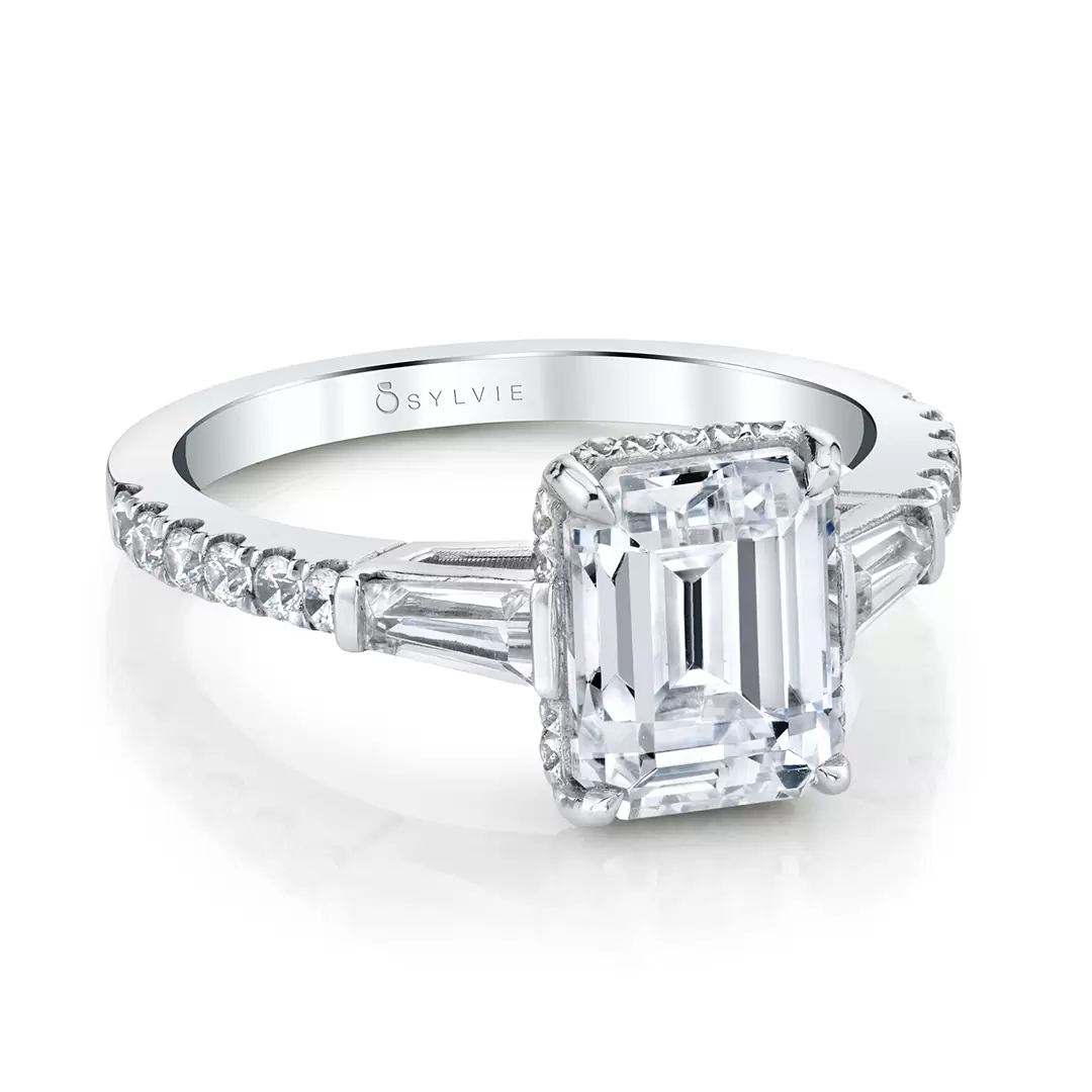 White Gold Emerald Cut Baguette 3 Stone Engagement Ring - Isla
